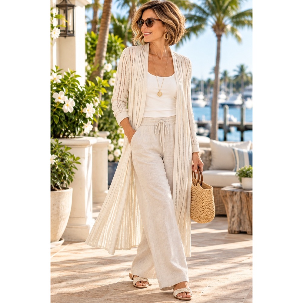 Eileen Fisher Long Duster Cardigan Large Ivory 100% Tencel Open Knit Coastal